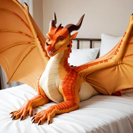 score_9, score_8_up, score_7_up, score_6_up, score_5_up, score_4_up, masterpiece, high quality, realistic, detailed, best quality, white bed, solo, rating_safe, source_furry, bedroom, smiling, open mouth smile, happy, detailed eyes, detailed face, (looking at viewer), lying on belly, skywing_wof, dragon, scales, orange scales, wings, tail, horns, claws, 1girl, female, orange eyes, feral, spread wings