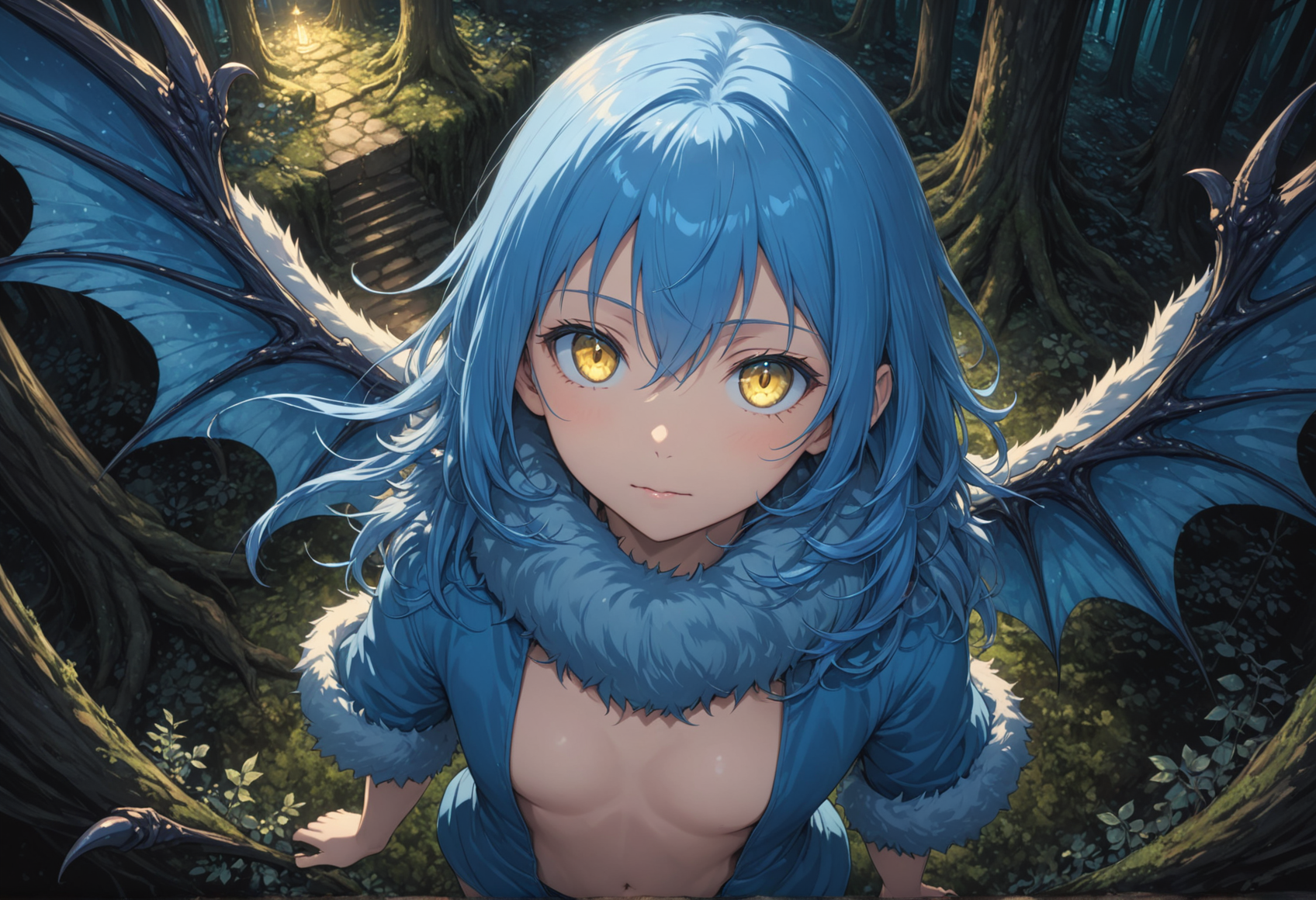tsepmet_urumir_xl, rimuru tempest, wings, long hair, blue hair, solo, hair between eyes, fur trim, fur collar, fur trimmed jacket, looking at viewer, demon wings,
In a mysterious enchanted forest, depth of field, dutch angle, from above,
intricate detail, cinematic lighting, amazing quality, amazing shading, detailed Illustration, official artwork, wallpaper, official art, thigh gap,
(masterpiece, best quality:1.2), extremely detailed eyes and face, beautiful detailed eyes, yellow eyes,
<lora:Rimuru_Tempest_Character_XL:1>
<lora:IOS_Iridescent_opal_style:0.6>