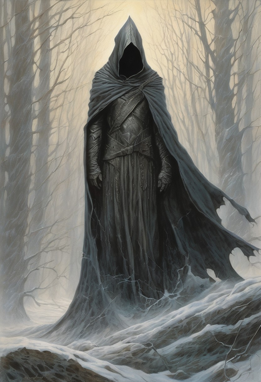 hidden face, mysterious, hooded, full body, dark enigmatic warrior, standing, storm of falling shards, tattered cloak that billows in the wind, art by Wayne Barlowe
