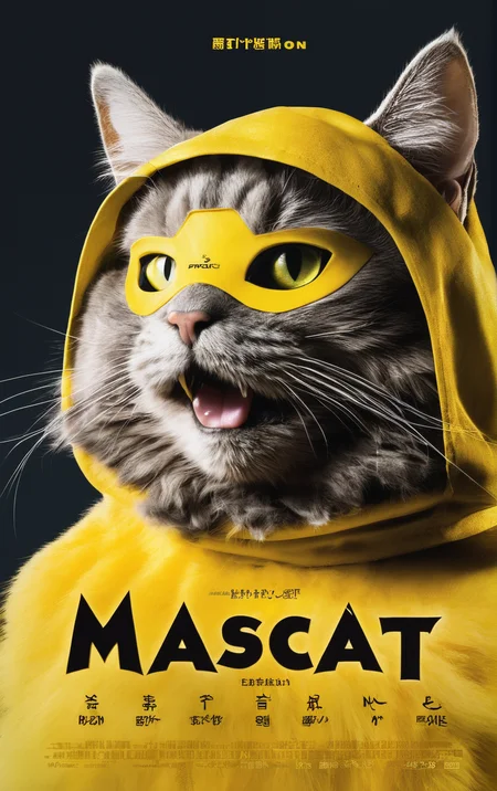 A cat wearing yellow mask with the title "MASCAT" on it
,Movie Poster, MoviePosterRedAF,
,<lora:MoviePosterRedAFConfig4DebiComTE:1>