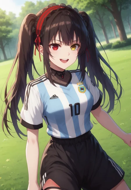 score_9, score_8_up, score_7_up, masterpiece, best quality, BREAK 1girl, solo, MiavtSDXL,
kurumi tokisaki, black hair, ((red eyes, yellow eyes, heterochromia)), long hair,hairband twintails, , argentina soccer uniform, black shorts, outdoors, smile, standing, dynamic pose, dutch angle)) , open mouth,