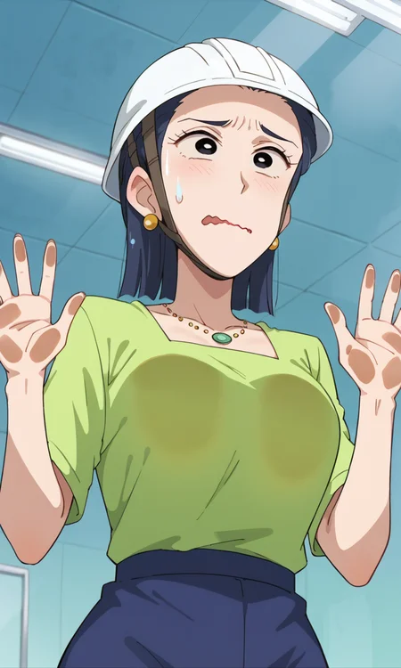 (1girl:1.5), (solo:1.3), (score_9, score_8_up, score_7_up, score_6_up, score_5_up, score_4_up), (source_anime), rating_questionable, (close-up:1.3),indoors, (Worry, parody, wavy mouth, sweatdrop, helmet:1.5)
<lora:kazama-mineko_v2:0.8> (kazama-mineko), (black eyes, eyebrows, eyelashes, dark blue hair, medium hair, hair slicked back, forehead, red lips, mature female), (large breasts, wide hips, thick thighs), (green shirt, wide neck shirt, dark blue skirt, earrings, necklace),
hands up, against glass, hands on glass, blue glass, (looking up:1.3), (from below:1.3),