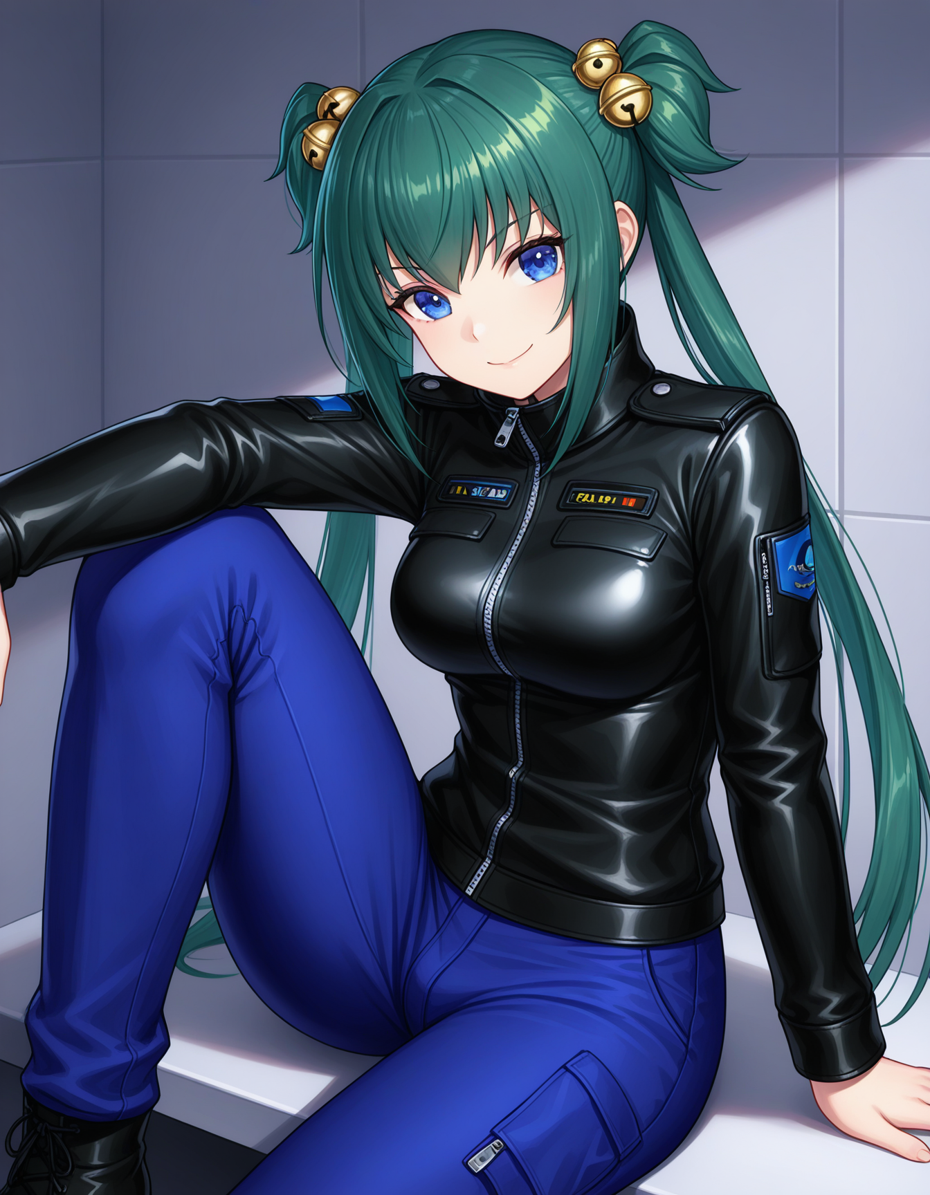 1girl, solo, cui yifei, green hair, long twintails, hair ornament, jingle bell, blue eyes, smile, medium breasts, black jacket, zipper, blue pants, sitting on desk, one knee up, looking at viewer, (three quarter view:1.3), (military base, office desk:1.1), indoors, low light <lora:cui_yifei_ilxl_v1:0.7>
