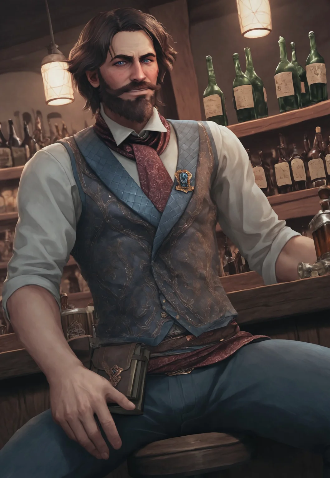 score_9, score_8_up, WiktorSzulski, cartoon, medium hair, brown hair, blue eyes, beard, mustache, mature male, muscular, red cravat, white collared shirt, vest, brooch, belt, pale dark-blue pants, book on hip, looking at viewer, grin, dynamic pose, detailed background, dutch angle, cowboy shot, below view, sitting on barstool, bar, bottles, drinking beer, drunk, cheers, lamp, spread legs,
