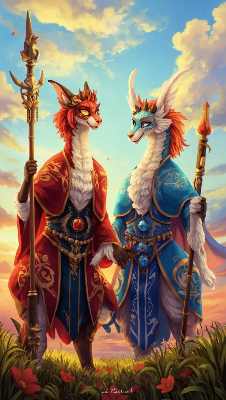 <lora:ck-LttleGhost-000011.safetensors:1> in the style of ck-lttlegh0stIn this breathtaking digital artwork, two regal, dragon-like creatures, resplendent in crimson and blue robes, stand tall amidst a sun-drenched meadow. The scene is set against a vibrant, dreamy sky, while their ornate staves radiate an air of mystical authority.