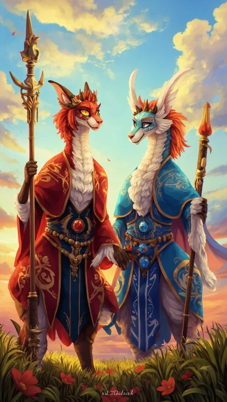 <lora:ck-LttleGhost-000011.safetensors:1> in the style of ck-lttlegh0stIn this breathtaking digital artwork, two regal, dragon-like creatures, resplendent in crimson and blue robes, stand tall amidst a sun-drenched meadow. The scene is set against a vibrant, dreamy sky, while their ornate staves radiate an air of mystical authority.