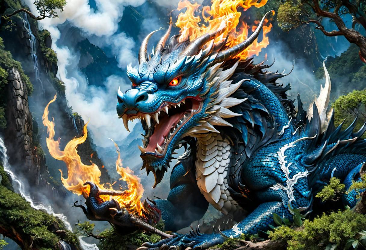 a hiding and grumpy acient chinese dagon concealed by trees, shrubs is peeking out and blowing fire at the viewer, fire underneath dragons scales, the fire burns very intensly lighting up the trees as the dragon breathes fire from its mouth, high up in the Tibetan mountains, blue scales highly detailed, and large white pointy teeth, (large blue and black wing span), and body wraps around all the trees, (in the background in the mountains is a Tibetan monasteries with monks in in orange gowns, uhd, 8k, intense lighting, award winning masterpiece, extremely detailed, detailed background, cinematic, complex and multidimensional lighting,