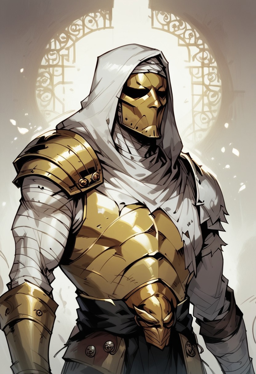 score_9, score_8_up, score_7_up, BREAK, 1boy cowboy-shot, beautiful, dramatic lights ((leper. leperDD. leperDarkest. golden mask. mask. shaded eyes, eyes covered in shadow, non visible eyes, muscular, wide shoulder, wide, white hood, bandages, covered in badages, armor golden armor. ))