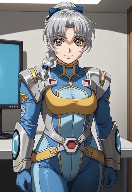 score_9, score_8_up, score_7_up, 1girl, solo, grey hair, grey eyes, braided ponytail, srwbluepilotsuit, blue bodysuit, pauldrons, wrist guards, metal belt, grey armor, helmet removed, no headwear, looking at viewer, slight smile, cowboy shot, indoors, metal wall, metal walls, monitor,