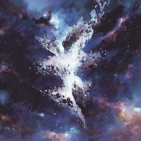 masterpiece, best quality, faux traditional media, acrylic paint \(medium\), painting \(medium\),  1girl, disintegrating, space, night sky, starry sky, nebula, galaxy<lora:EliranKantor_V1_Noob1.0>