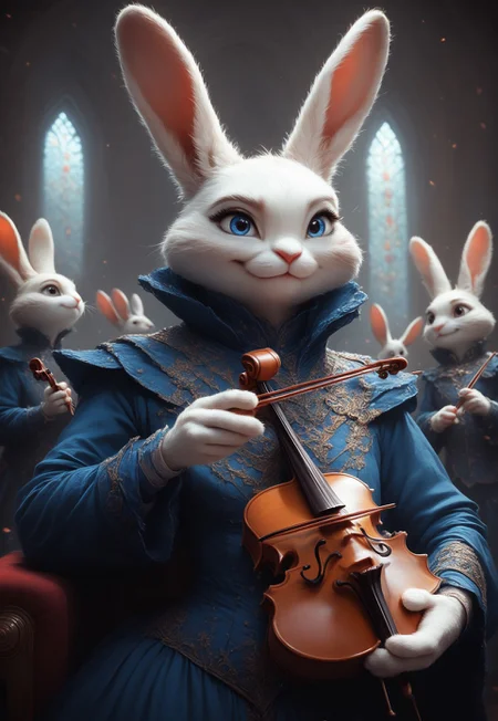 FF Realistic Portrait, kftenhance, Score_9, Score_8, Score_7,  1girl, rabbit, furry, white fur, rabbit ears, musician, dark blue outfit,  holding violin,  smiling, mansion interior  