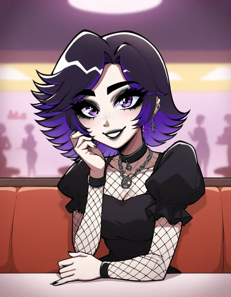 (masterpiece), (best quality), (ultra-detailed), score_9,score_8_up,score_7_up,score_6_up, source_cartoon, afs_ksusha, 1girl, , black eyeshadow, black eyebrows, black lipstick, black freckles around nose, cross earrings, purple eyes, short spiky hair, bangs, dark purple hair, purple gradient hair color, multicolored hair, short sleeves, puffy sleeves, choker with pentagram necklace, casual dress, black nails, fishnets, happy, smiling, pov, sitting in restaurant, illustration, disheveled hair, detailed eyes, perfect composition, moist skin, intricate details, earrings, by wlop, score_9,score_8_up,score_7_up,score_6_up, source_cartoon, afs_ksusha, 1girl,, black eyeshadow, black eyebrows, black lipstick, black freckles around nose, cross earrings, purple eyes, short spiky hair, bangs, dark purple hair, purple gradient hair color, multicolored hair, short sleeves, puffy sleeves, choker with pentagram necklace, casual dress, black nails, fishnets, happy, smiling, pov, sitting in restaurant, highly detailed, sharp focus, intricate, elegant, colorful, very coherent, cinematic, extremely enhanced, loving, caring, generous, surreal, iconic, beautiful