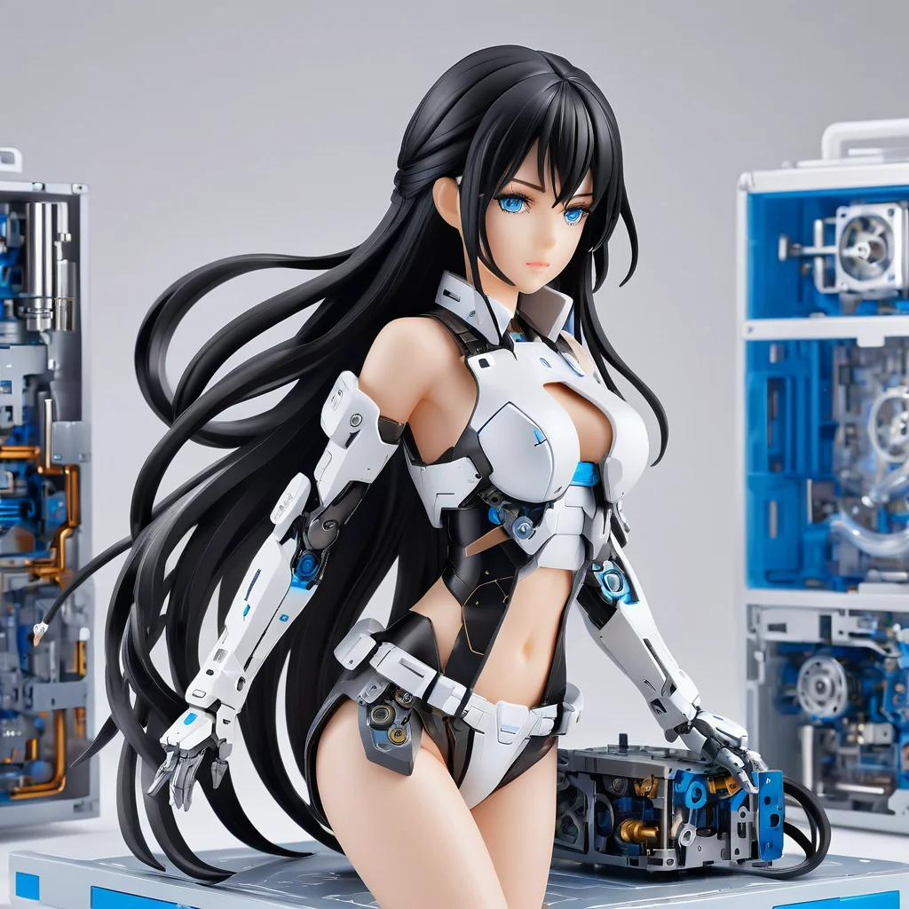 <lora:PVC:1>ï¼PVC figure,rendering,upper body,bared legs,
Masterpiece, illustration,8K wallpaper, super detailed,portrait,(full body),(dissection:1.5),(Disassemble:1.3)
(1 girl:1.5),(solo),(long black hair:1.4),(Machine structure body),ponytail, (Medium breasts),(Beautiful detailed blue eyes: 1.3),
(white background: 2), mecha,natural light, light tracing