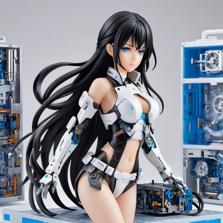 <lora:PVC:1>ï¼PVC figure,rendering,upper body,bared legs,
Masterpiece, illustration,8K wallpaper, super detailed,portrait,(full body),(dissection:1.5),(Disassemble:1.3)
(1 girl:1.5),(solo),(long black hair:1.4),(Machine structure body),ponytail, (Medium breasts),(Beautiful detailed blue eyes: 1.3),
(white background: 2), mecha,natural light, light tracing