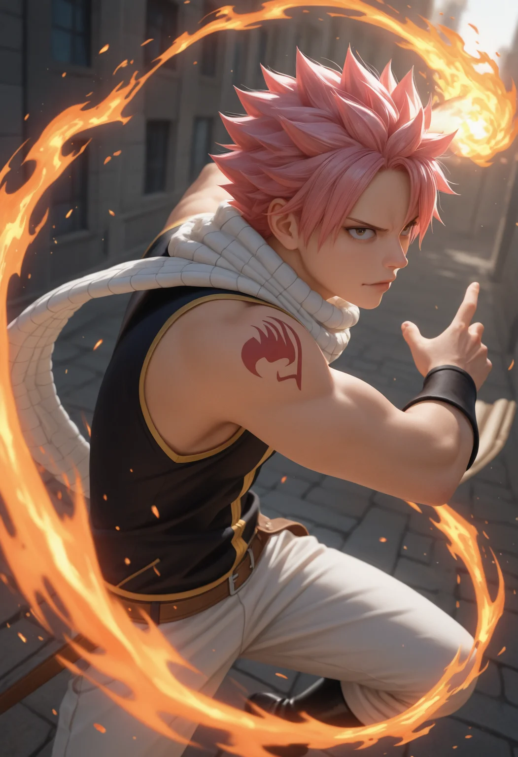 masterpiece, best quality, realistic, dynamic pose, 
1boy,  solo, depth of field, scenery, 
natsu_dragneel, fairy_tail, fire,
