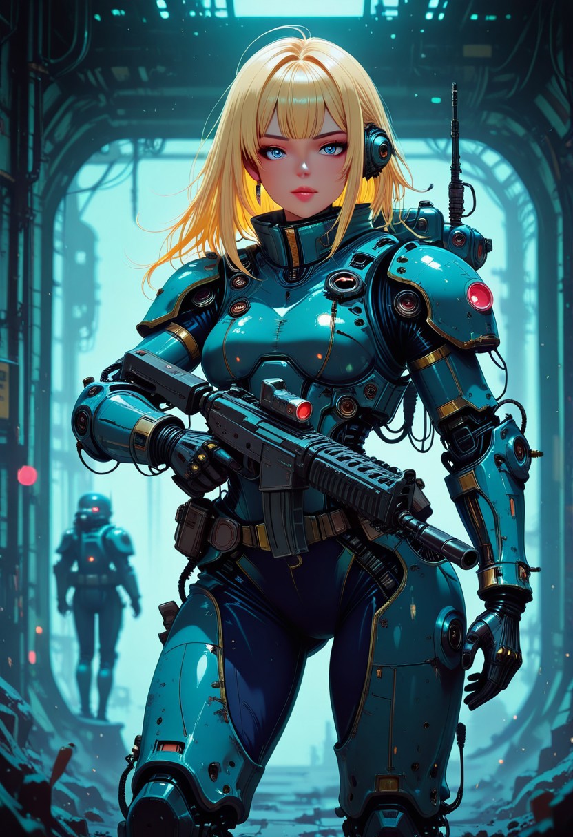 in the style of cknc, masterpiece, best quality, good quality, very aesthetic, absurdres, newest, 8K, depth of field, focused subject, great lighting, intricate detail, beautiful, stunning Japanese space marine, two-tone hair, long blonde hair with red streaks, bangs, skin-tight teal body armor with dark blue accents, holding assault rifle, aiming at viewer, in alien city ruins, High Detail, Perfect Composition, movie scenes, highly detailed. Photorealistic rendering, dramatic lighting, sharp contrast