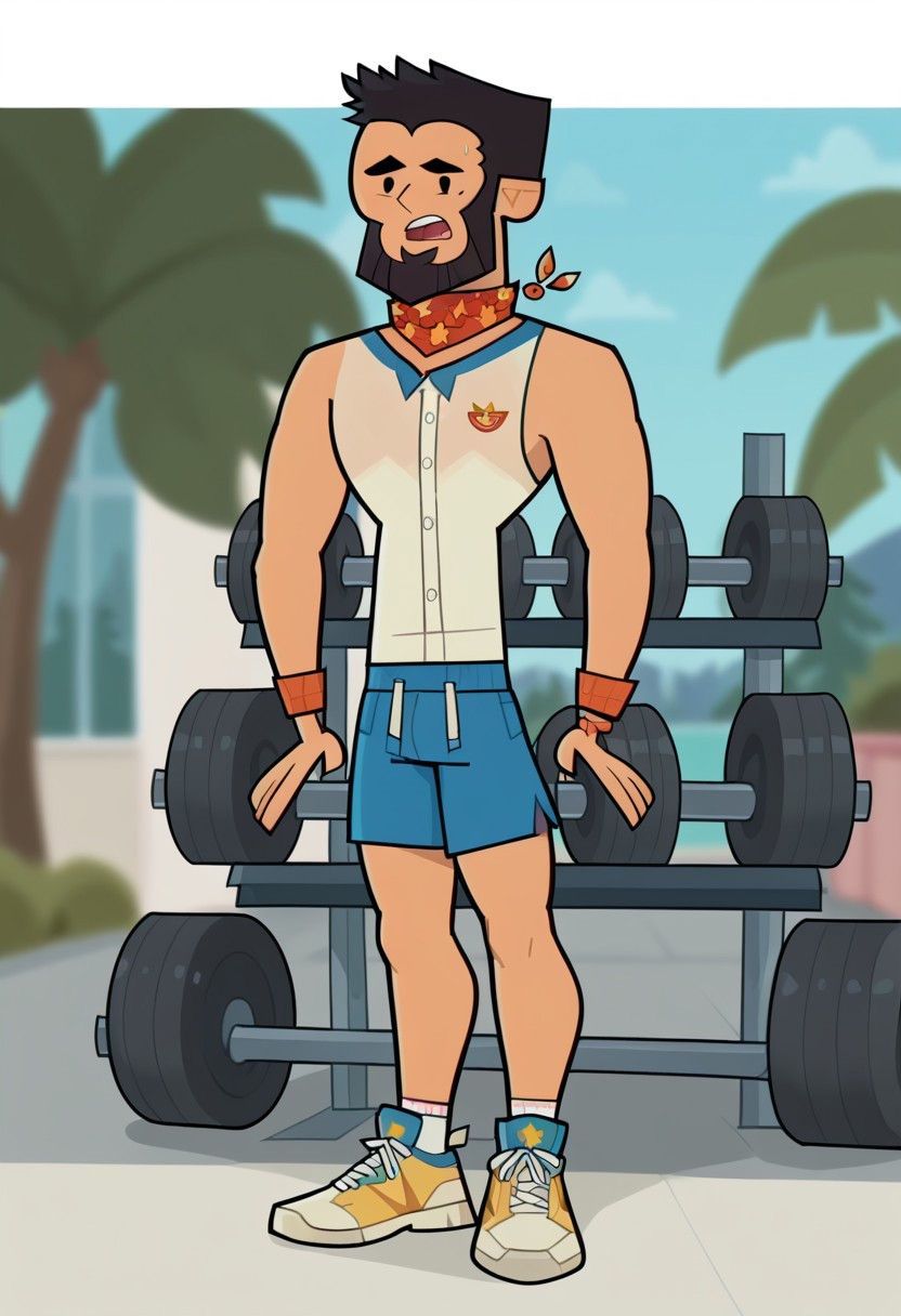 score_9, score_8_up, score_7_up, score_6_up, , flat color, FINN AGUDELO, 1boy, solo, nice skin, black hair, Black eyes, Black beard,  sleeveless shirt, shorts, sweatband, sneakers, tight clothing, outdoor, gym.
