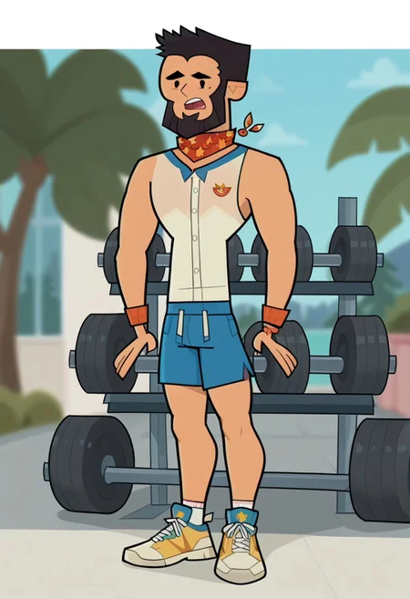 score_9, score_8_up, score_7_up, score_6_up, , flat color, FINN AGUDELO, 1boy, solo, nice skin, black hair, Black eyes, Black beard, sleeveless shirt, shorts, sweatband, sneakers, tight clothing, outdoor, gym.