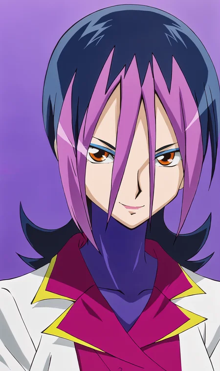 Dextra, 1girl, solo, multicolor hair, short hair, orange eyes, eyeshadow, lipstick, suit, purple neck, pink jacket, white blazer, portrait, looking at viewer, smile, simple background, purple background, anime coloring, <lora:Dextra Pony XL:1>