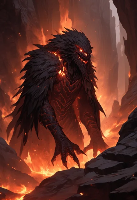 "Inside a vast, dark volcanic cave, the walls glow with the fiery red-orange light of molten lava flowing through cracks in the stone. In the center of the cave stands Shadow Fiend, Nevermore, a towering, menacing figure cloaked in darkness and shadowy flames. His glowing red eyes pierce through the gloom as he stands tall, his sharp claws outstretched, radiating an aura of dread and power. The ground beneath him is scorched, with small embers rising around his feet. He looks down the cave tunnel with a mix of impatience and malevolence, waiting for a worthy challenger to step into his domain. The scene is filled with an intense, oppressive atmosphere, with smoke and heat swirling in the air, making the cave feel like the very heart of a volcano."