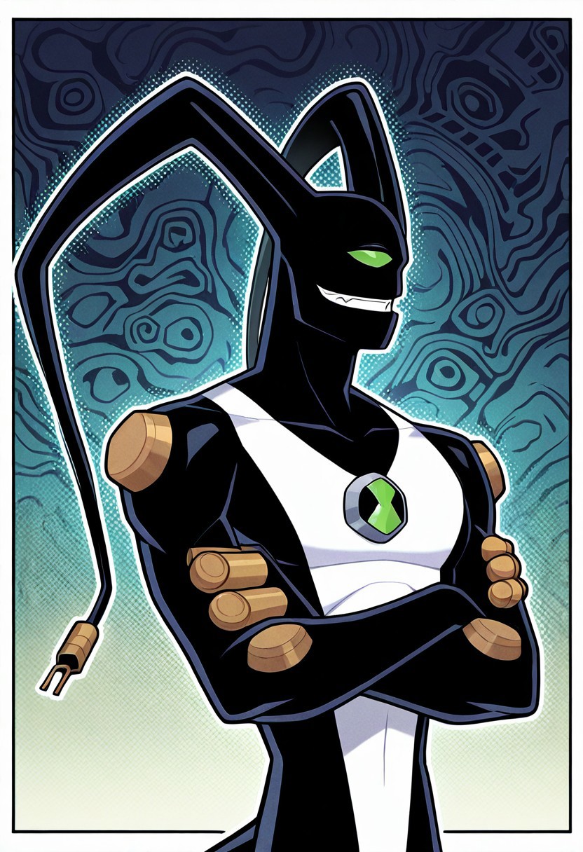 feedback, solo, smile, , tail, 1boy, no humans, green eye, single eye, , digimon (creature), black skin, , alien, masterpiece, best quality, amazing quality, very aesthetic, absurdres, newest, crossed arms, cables, , ((upper body, halftone effect, white borders, abstract background:1.2,))