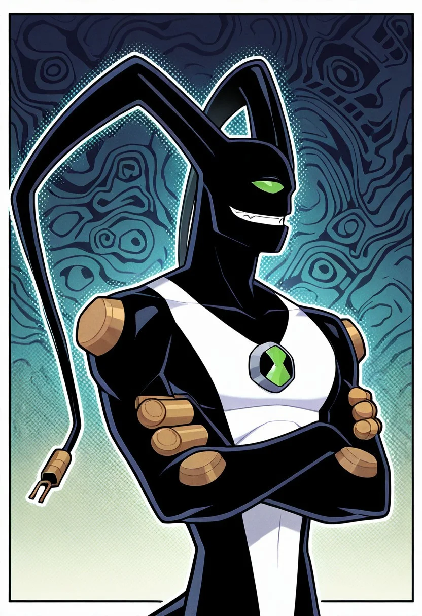 feedback, solo, smile, , tail, 1boy, no humans, green eye, single eye, , digimon (creature), black skin, , alien, masterpiece, best quality, amazing quality, very aesthetic, absurdres, newest, crossed arms, cables, , ((upper body, halftone effect, white borders, abstract background:1.2,))