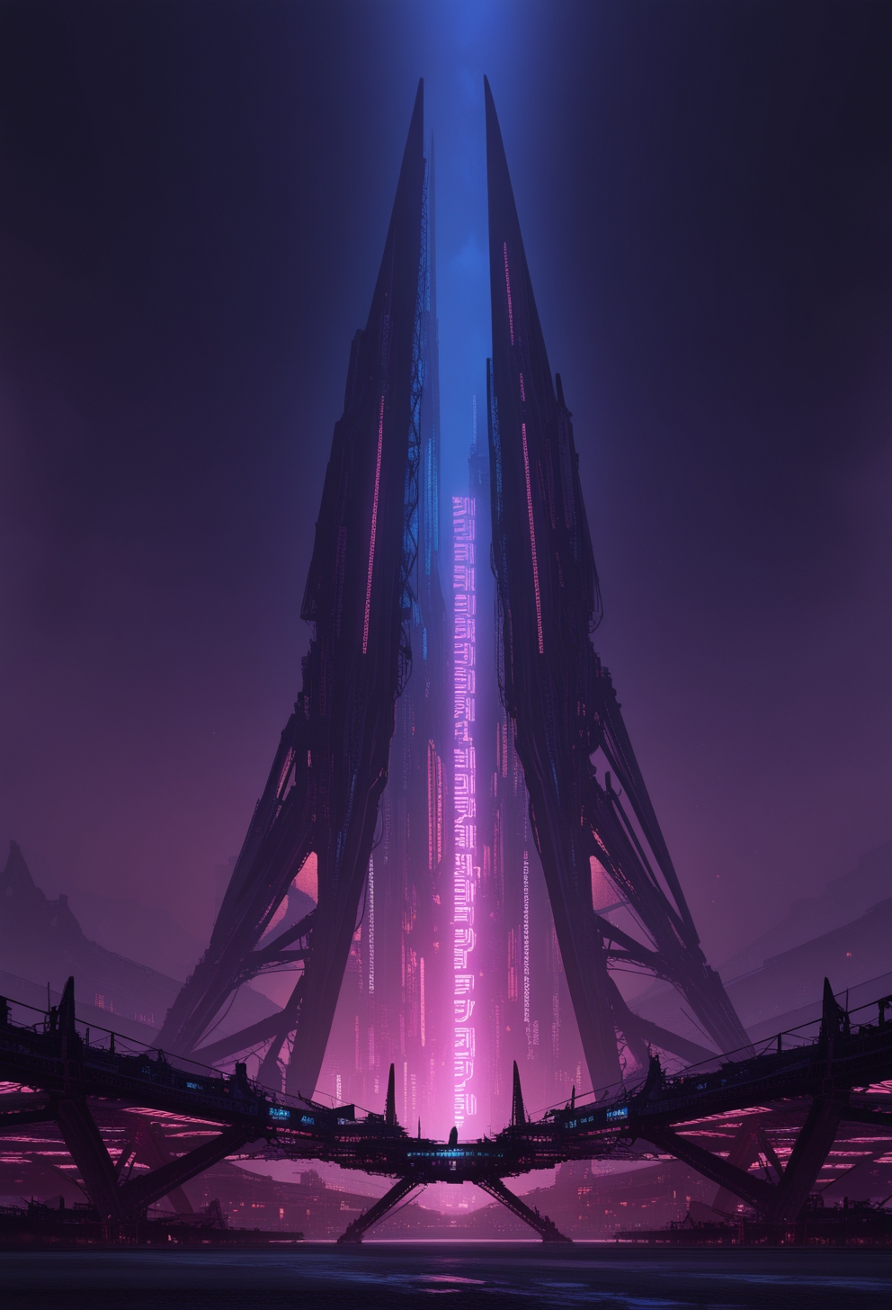 <lora:ck-Sommo-Concept-Art-IL-000012:1>, masterpiece, best quality, good quality, very aesthetic, absurdres, newest, 8K, depth of field, focused subject, no humans, architectual structure, colossal scale, epic composition, at night, neon lit, bioluminecent,
in the style of ckjs
