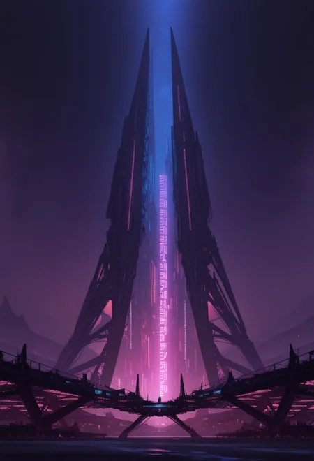<lora:ck-Sommo-Concept-Art-IL-000012:1>, masterpiece, best quality, good quality, very aesthetic, absurdres, newest, 8K, depth of field, focused subject, no humans, architectual structure, colossal scale, epic composition, at night, neon lit, bioluminecent,
in the style of ckjs