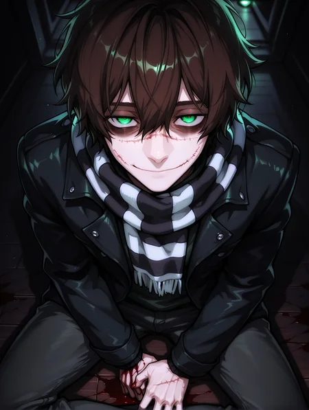 masterpiece, very aesthetic, best quality, hiper-detailed, intricate details, dynamic light, dramatic light, rich colors, dark, darkness, night, 25 years old, dynamic angle, solo, cowboy shot, from above, smile, looking at viewer, imtdhomiciliu, 1boy, male, solo, scar, brown hair, scarf, green eyes, striped, striped scarf, stitches, short hair, jacket, scar on face, hair between eyes, shirt, long sleeves, pants, bags under eyes, open wounds on face, blood, bloody hands, sitting, sitting on the floor, indoor, wooden floor, bloody floor, legs crossed, knees apart