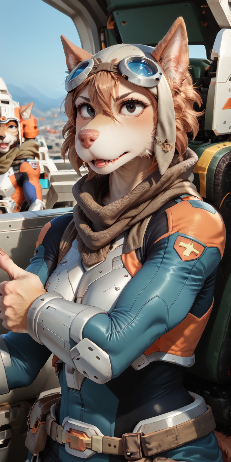 score_9, score_8_up, score_7_up, ultra quality, smooth outlines, (detailed skin), <lora:add-detail-xl:1.7>, anatomically correct, <lora:Expressive_H:0.7> Expressiveh,
beautiful eyes,(Highly detailed face, Highly detailed eyes, Highly detailed textures, intricate details),
EyesHD <lora:Eyes_High_Definition (2):0.5>,
(Anime style face),
BREAK
1girl, female furry, anthro, <lora:Captain_Olia_Voltron_Legendary_Defender_COMMISSION:1>, olia_voltron_gogglesON, canide, golden fur, brown animal ears, brown hair, black eyes, small yellow tattoos on each cheeks, claws, long tail, pilot helmet and goggles, brown scarf, green and orange suit, pocket belt, 
(looking at viewer:1.4), outdoor, stand, thumbs up, grinning, straight-on, (full body shot:1.2), 
brightly lit, sharp focus, perfect lighting, realistic lighting, well lit subject, irl, (photorealistic:1.2), <lora:KFT_Furropean_Extreme_V2:0.5> kftenhance,
BREAK
, <lora:cervina-guy-PONYv1:1> <lora:Furryfication Slider_alpha1.0_rank4_noxattn_last:0.7> <lora:Ngamaru_Pony_V1:0.7> <lora:Scalie:0.8> <lora:Better_caninefeline_mouth:0.9> <lora:fluffy:1> <lora:DetailedPerfect_hands_r1:0.6>,
BREAK
zPDXL3 <lora:xl_more_art-full_v1:1><lora:Hyper-SD15-2steps-lora:1><lora:Hyper-SD15-2steps-lora:1>
