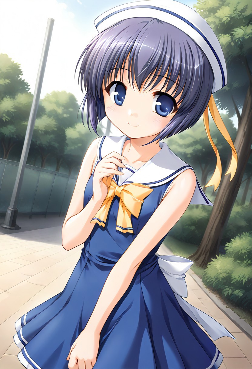 score_9,score_8_up,score_7_up,masterpiece,best quality,absurdres,source_anime,game cg,zPDXL3,rating_safe,1girl,solo,mia clementis,blue eyes,purple hair,blue hair,short hair,hat,sailor hat,dress,sailor dress,sailor collar,blue dress,sleeveless,sleeveless dress,bow,bowtie,ribbon,skirt,smile,park