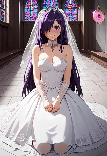 Hanako hypnotized to be a bride,
score_9, anime, lewd, 1girl, smooth,
mind control, hypnotized, (pendulum), looking at pendulum, blank stare,
wedding dress, brainwashed, seductive smile, obedient, charmed, solo, church altar, kneeling,
hanako ikezawa, hair over one eye, long hair, purple eyes, purple hair, scar,