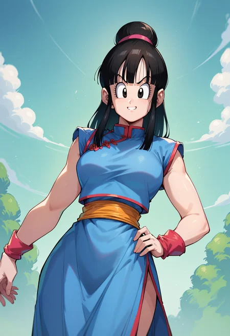 score_9, score_8_up, score_7_up, <lora:ch1ch1:1> ch1ch1, chi-chi (dragon ball), solo,long hair, dynamic angle, smile, blue chinese dress