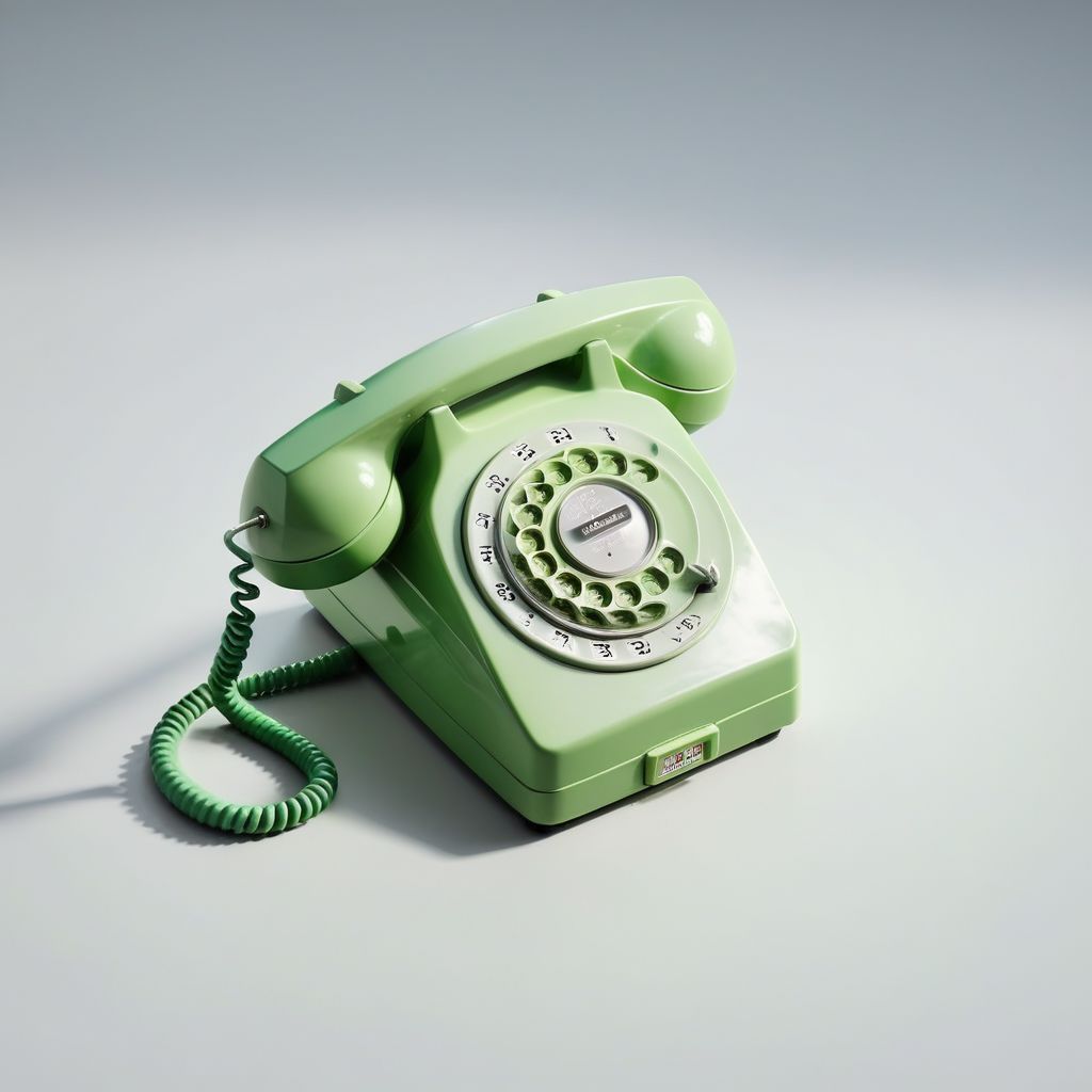 isztoksk, green rotary telephone, no humans, cable, simple background, shadow, still life, solo, grey background,  white background, 3d, miniature, isometric, from above, cinematic lighting, neon lighting, game design, octane render, masterpiece, best quality