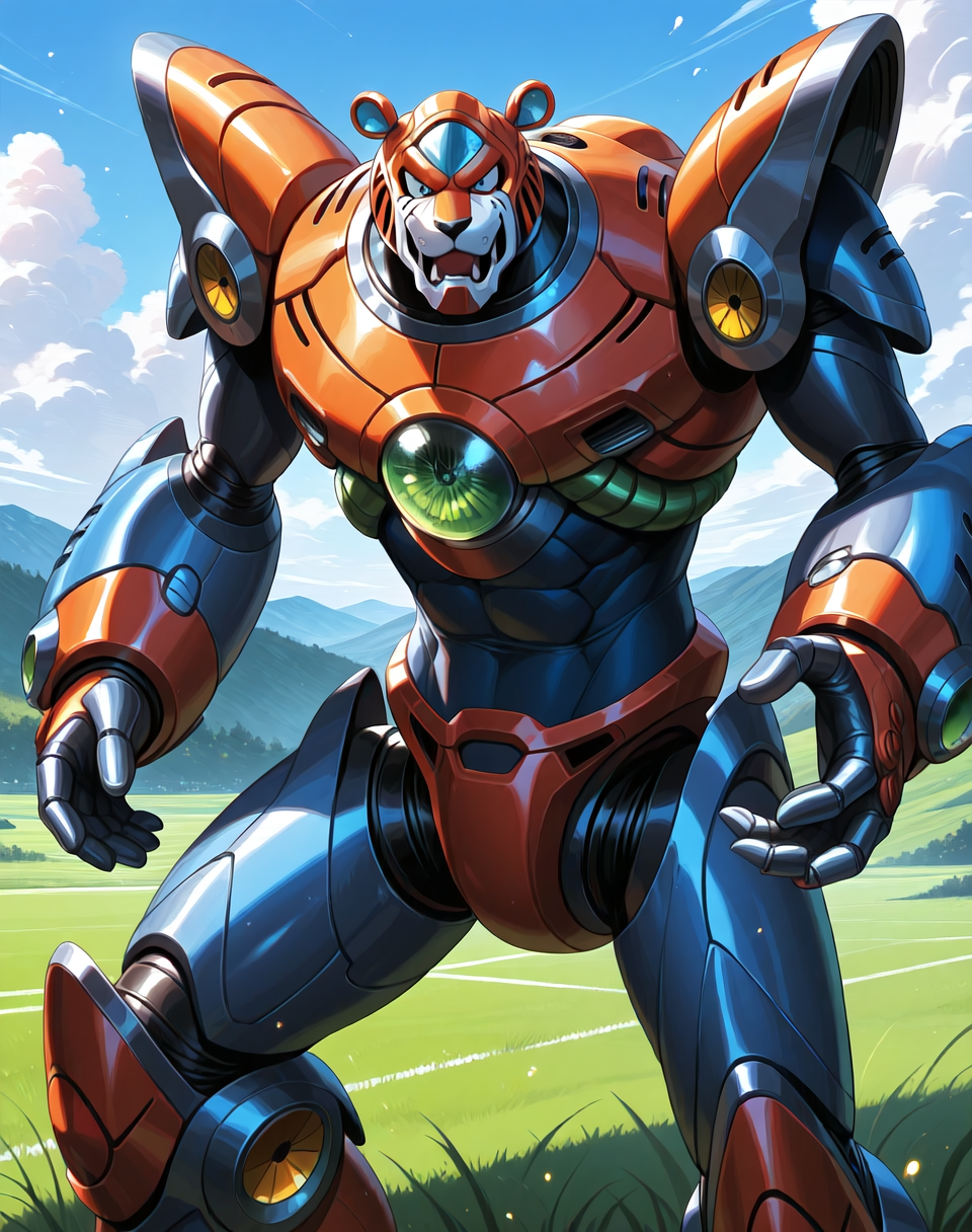<lora:Neon_Tiger_(Mega_Man_X)_(Illustrious)_(AD):1> Neon Tiger, reploid, MMX, 
exterior, sky with clouds, grassy valley,
male focus, intense shadows, dynamic shadows, intricate details, attention to details, gradient coloring, bright vivid colors, robot, bent leg, glossy metal body, cowboy shot, abs, 
BREAK very awe, masterpiece, best quality, amazing quality, very aesthetic, highres, absurdres, photographic realism, 8K CGI render,
EZRealPONYXL, zPDXL, Smooth Quality, lazynsfw,