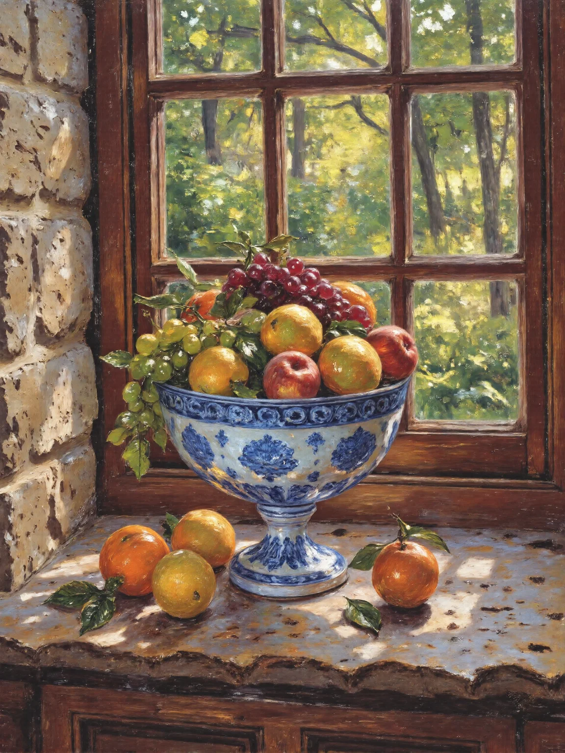 masterful impressionism oil painting, a serene still life featuring a breathtaking arrangement of fruits displayed in an ornate onion pattern porcelain bowl, the delicate white and cobalt blue designs of the bowl are rendered with expressive, flowing brushstrokes, capturing the intricate floral and lattice patterns of the porcelain, the bowl is filled with an abundant variety of fruits, including peaches, glistening green and red grapes, lemons, oranges, and pears. their vibrant colors complement the cool blue tones of the porcelain. the scene is set on a textured rough stone windowsill, with its rugged, weathered surface adding a rustic contrast to the refined elegance of the porcelain, through the window, a lush forest is visible, bathed in golden morning light, shafts of sunlight filter through the treetops, creating enhanced shimmering crepuscular rays that illuminate the fruits and porcelain, the dappled lighting casts intricate patterns of light and shadow across the bowl, the fruit, and the stone, intensifying the sense of depth and texture. the background is soft and impressionistic, with blurred strokes suggesting dense greenery beyond the window, the interplay of warm and cool tones is masterfully balanced, with the glowing yellows, oranges, and reds of the fruit harmonizing with the serene blues of the porcelain and the lush greens of the forest, subtle highlights and shadows accentuate the smooth curves of the fruit and the reflective glaze of the porcelain. the painting’s composition is both tranquil and dynamic, capturing the fleeting beauty of sunlight dancing through the trees, the textural details of the stone windowsill and the fruits' peels are brought to life with lively, textured brushstrokes, creating a tactile, immersive scene that evokes warmth and timeless charm, golden ratio, highly aesthetic, visible brush strokes, impressioniststrokes, <lora:style-impressionist_strokes-flux-by_daalis:1.0>