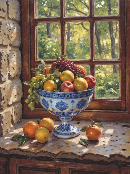masterful impressionism oil painting, a serene still life featuring a breathtaking arrangement of fruits displayed in an ornate onion pattern porcelain bowl, the delicate white and cobalt blue designs of the bowl are rendered with expressive, flowing brushstrokes, capturing the intricate floral and lattice patterns of the porcelain, the bowl is filled with an abundant variety of fruits, including peaches, glistening green and red grapes, lemons, oranges, and pears. their vibrant colors complement the cool blue tones of the porcelain. the scene is set on a textured rough stone windowsill, with its rugged, weathered surface adding a rustic contrast to the refined elegance of the porcelain, through the window, a lush forest is visible, bathed in golden morning light, shafts of sunlight filter through the treetops, creating enhanced shimmering crepuscular rays that illuminate the fruits and porcelain, the dappled lighting casts intricate patterns of light and shadow across the bowl, the fruit, and the stone, intensifying the sense of depth and texture. the background is soft and impressionistic, with blurred strokes suggesting dense greenery beyond the window, the interplay of warm and cool tones is masterfully balanced, with the glowing yellows, oranges, and reds of the fruit harmonizing with the serene blues of the porcelain and the lush greens of the forest, subtle highlights and shadows accentuate the smooth curves of the fruit and the reflective glaze of the porcelain. the paintingâs composition is both tranquil and dynamic, capturing the fleeting beauty of sunlight dancing through the trees, the textural details of the stone windowsill and the fruits' peels are brought to life with lively, textured brushstrokes, creating a tactile, immersive scene that evokes warmth and timeless charm, golden ratio, highly aesthetic, visible brush strokes, impressioniststrokes, <lora:style-impressionist_strokes-flux-by_daalis:1.0>