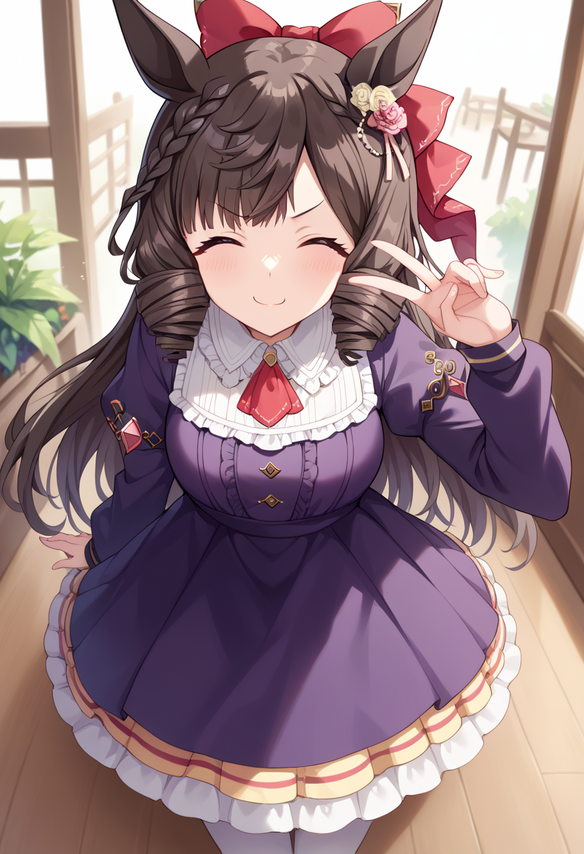 score_9, score_8_up, score_7_up, best quality, masterpiece, source_anime, zPDXL3, BREAK, <lora:daiichi_ruby_umamusume:1>  ,daiichi_ruby_(umamusume), daiichi_ruby_(casual)_(umamusume), from above, Posing as if caught mid-sneeze, doyagao, proud, happy, smug, ^ ^,  v-shaped eyebrows, = =, closed eyes,, at a cafe,,