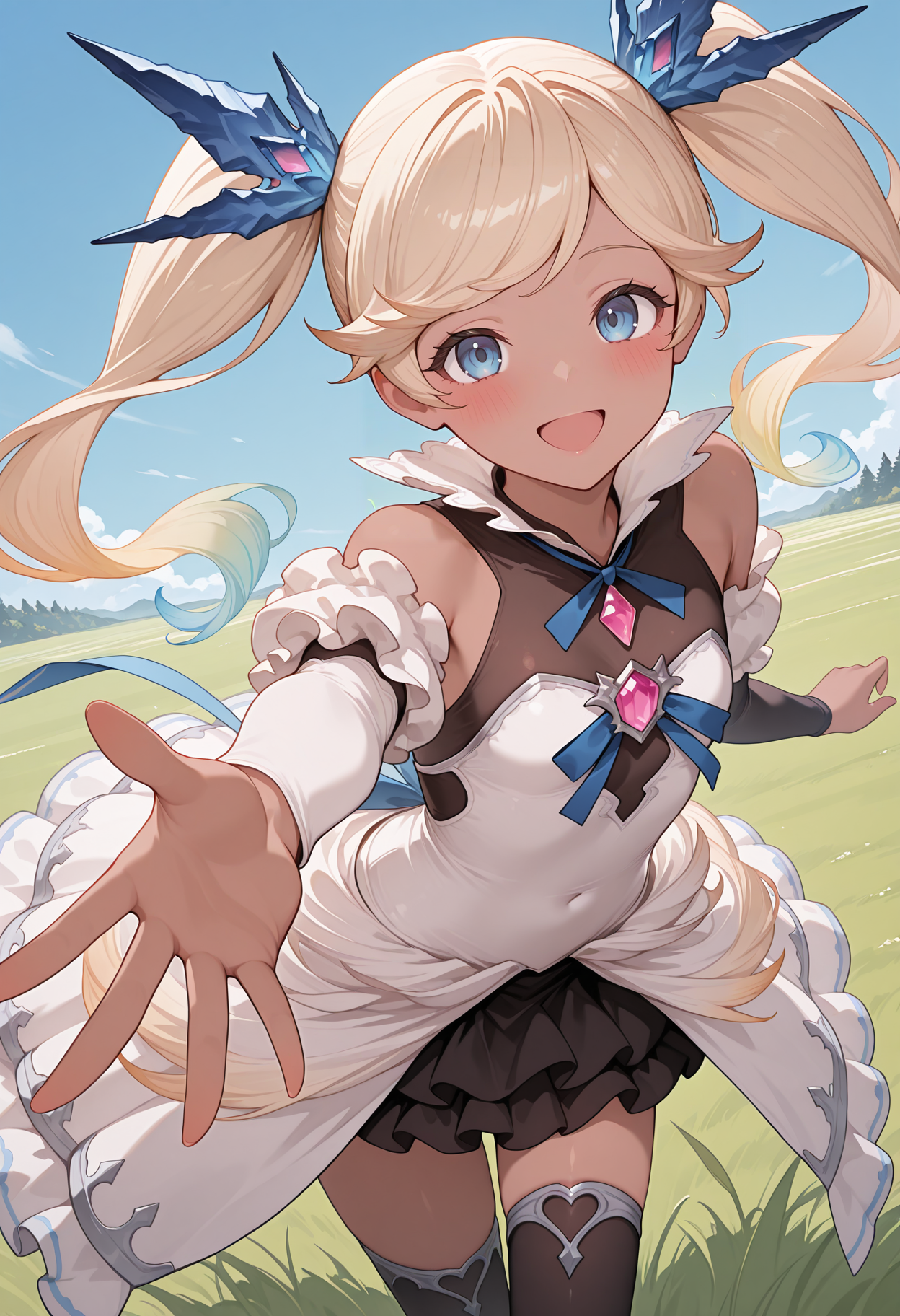 highres, best quality, masterpiece, outdoors, blue sky, grass, 
1girl, solo, gbftio, blonde hair, gradient hair, twintails, dark-skinned female, blue eyes,
iogbgnd, hair ornament, white dress, strapless dress, black shirt, sleeveless shirt, detached collar, frilled collar, blue ribbon, pink gemstone, detached sleeves, black skirt, frilled skirt, layered skirt, black thighhighs,
looking at viewer, blush, smile, open mouth,  
outstretched arm, open hand, 
<lora:_io_gbf-elesico-ilxl-000014:1>