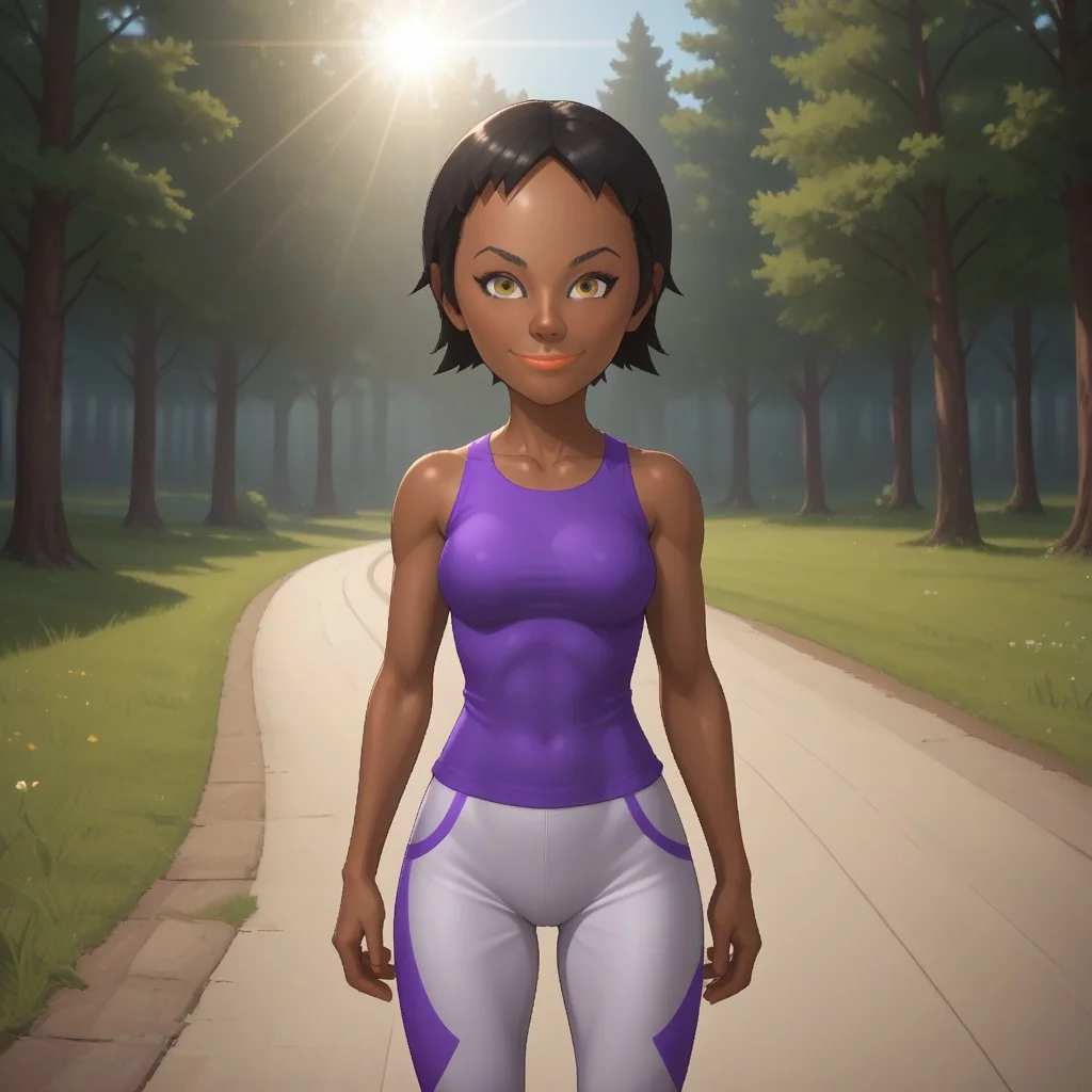 score_9, score_8, BREAK, solo, mii, wii, wii sports, 1girl, female mii, cute, black hair, black skin, black eyebrows, dark yellow eyes, lips, purple clothing, white pants, shoes, breasts, Sandra_(Wii_Sports), nintendo mii, modern_mii, classic_mii, sexy pose, smile, outdoors, sunlight, shadows, evening lighting, natural lighting, forest, trees, grass, orange sky, sunset