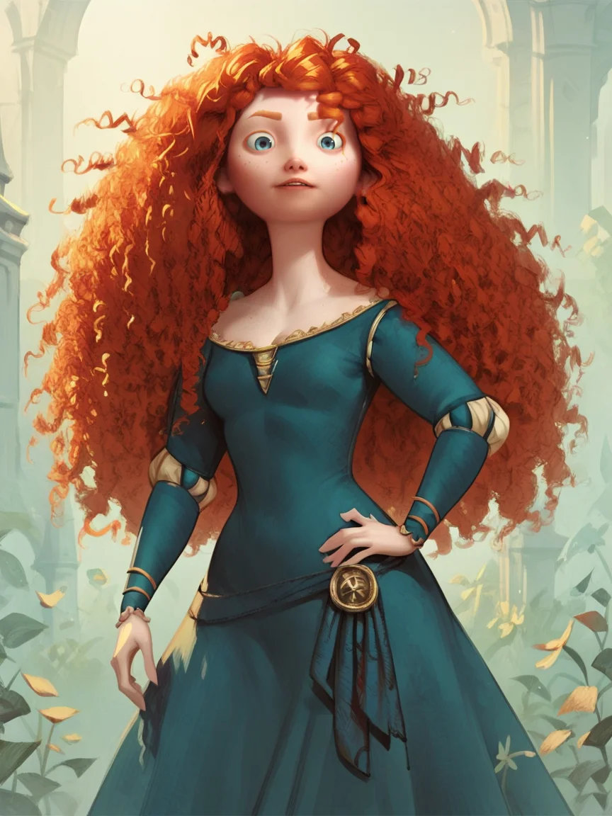 score_9, score_8_up, score_7_up, score_6_up, score_5_up, <lora:meridaXLP:1> merida, 1girl, long hair, solo, curly hair, blue eyes, red hair, freckles, dress, curvy,