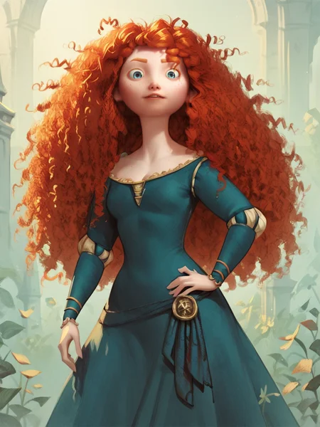 score_9, score_8_up, score_7_up, score_6_up, score_5_up,   <lora:meridaXLP:1> merida, 1girl, long hair, solo, curly hair, blue eyes, red hair, freckles, dress, curvy,
