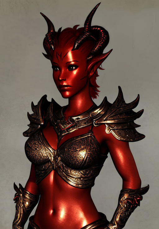 <lora:Dremora:0.8>, a female creature, Dremora, solo, colored skin, red skin, upper body, horns, copper skin, diamond body, petite breasts, (masterpiece, best quality, absurdres, detailed, ultra-detailed:1.3), (trending on CGSociety, trending on pixiv, contest winner:1.3)