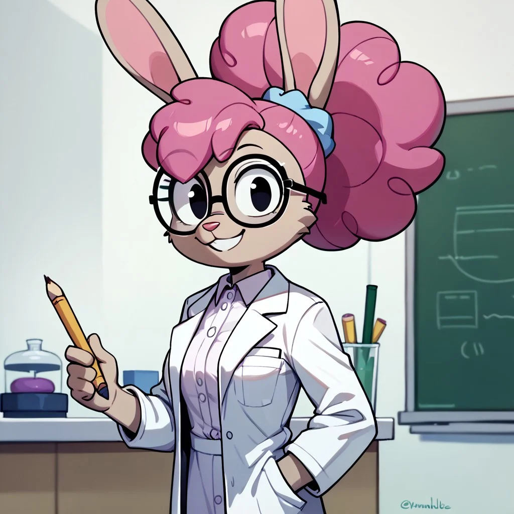 score_9, score_8_up, score_7_up BREAK DrAnnabelle, 1girl, anthro bunny, light brown fur, pink nose, pink curly hair, ponytail, pencil stuck in hair, light purple scrunchie, black eyes, glasses, white lab coat, light purple undershirt, cowboy shot, smiling at viewer,