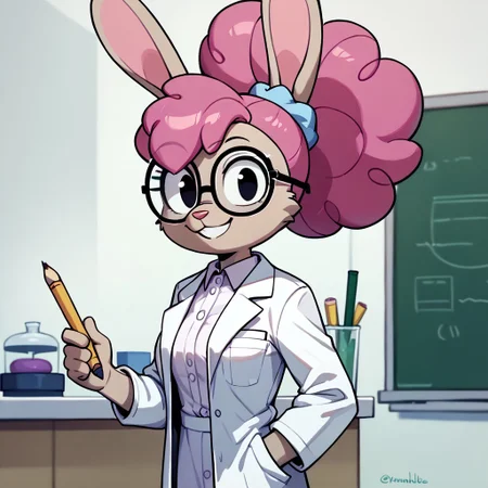 score_9, score_8_up, score_7_up BREAK DrAnnabelle, 1girl, anthro bunny, light brown fur, pink nose, pink curly hair, ponytail, pencil stuck in hair, light purple scrunchie, black eyes, glasses, white lab coat, light purple undershirt, cowboy shot, smiling at viewer,