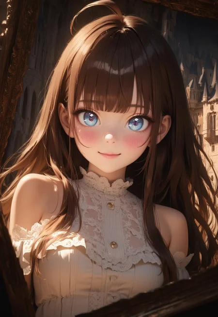 embedding:urn:air:sd1:embedding:civitai:222256@250708, masterpiece, 1 girl, beautiful girl, smile, close up, detailed face, detailed eyes, detailed pupils, round pupils, blue eyes, brown hair, long hair, bangs, equal length bangs, small ahoge, bare shoulders, blush, medium breasts, white dress, frilly dress, looking at viewer, fantasy, european, castle in background, architecture, outdoors, best quality, high res, ultrasharp, high detail, sharp focus, dramatic, beautiful lighting, real life, intricate, caustics, subsurface scattering, reflections, (photorealistic:1.5), (ulzzang-6500:0.5), (RAW photo, 8k uhd, film grain)