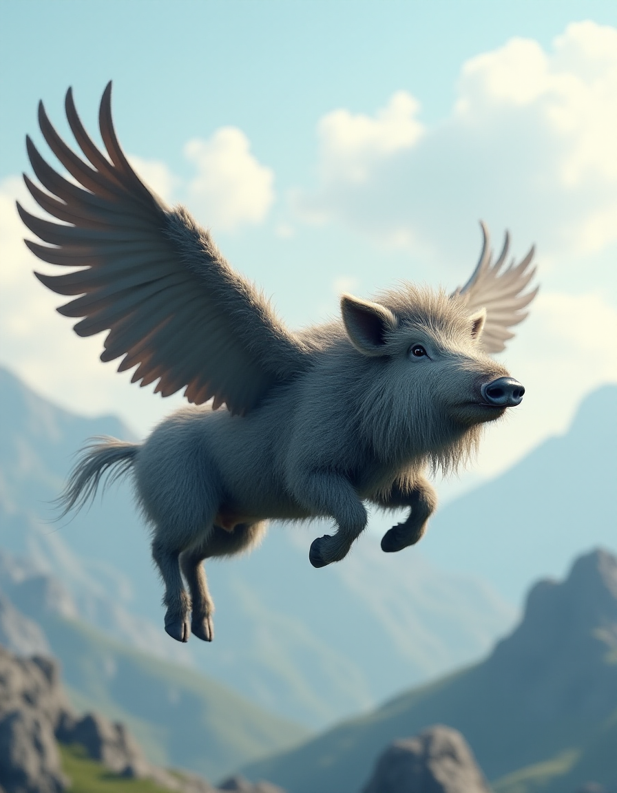 A realistic shaggy boar  flies in the sky. It has large gray shaggy wings the same color as its skin. Mountain far away. 8k, hyperrealism, detailed.