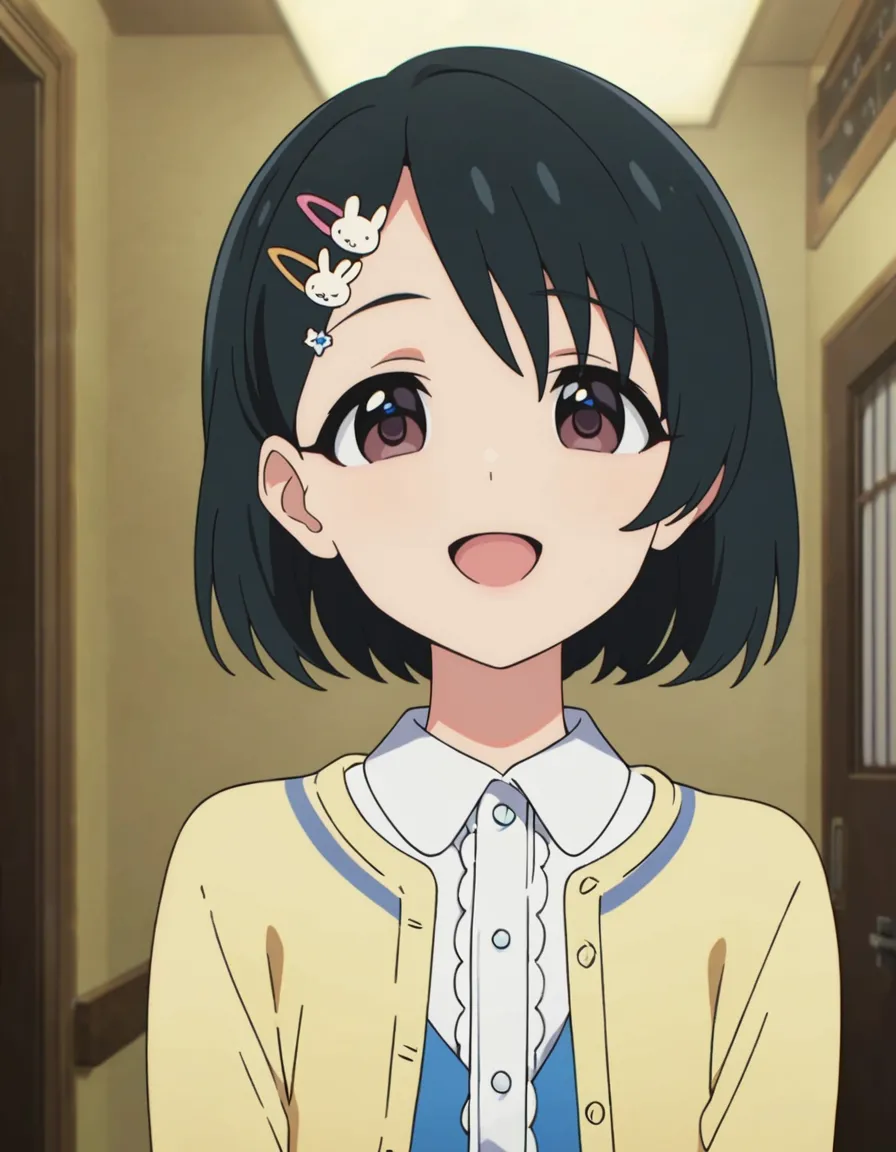 best quality,masterpiece,   4k, uncensored, prefect lighting, rating_explicit
1girl, solo,sasaki chie, short hair, black hair, hairclip, bangs, brown eyes
sskchie_AA, yellow cardigan, open cardigan, open clothes,white shirt, blue skirt
smile,open mouth, ,upper body,face focus, looking at viewer ,newest,official art
<lora:sasakichie_animagine_v1:0.7>