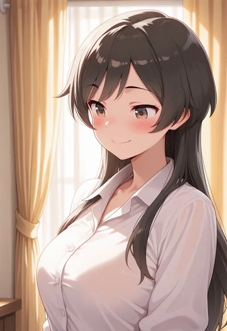 masterpiece,best quality,amazing quality, matsumoto kouko, long hair, black hair, grayish-brown eyes, 1girl, smile, blush, shirt, solo, white shirt, curtains, upper body, indoors