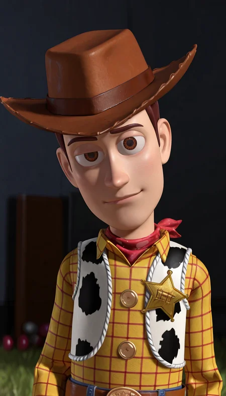 masterpiece,best quality,absurdres,newest,perfect quality,best quality,absolutely eye-catching,detailed background,male focus,<lora:Toy Story - Sheriff Woody - Illustrious-000006:0.7>,s_woody,1boy,animate object,brown hair,brown eyes,cowboy hat,red bandana,yellow shirt,long sleeves,vest,sheriff badge,head tilt,looking at viewer,slim,toy story,cowboy western,saloon,portrait,sly look,half-smile,